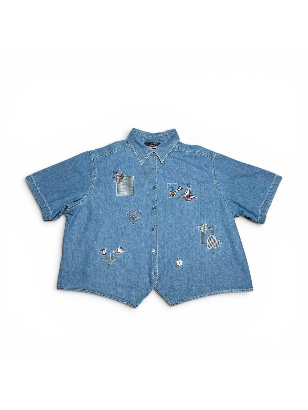 Vintage Embroidered Denim Short Sleeve Button-Up Shirt